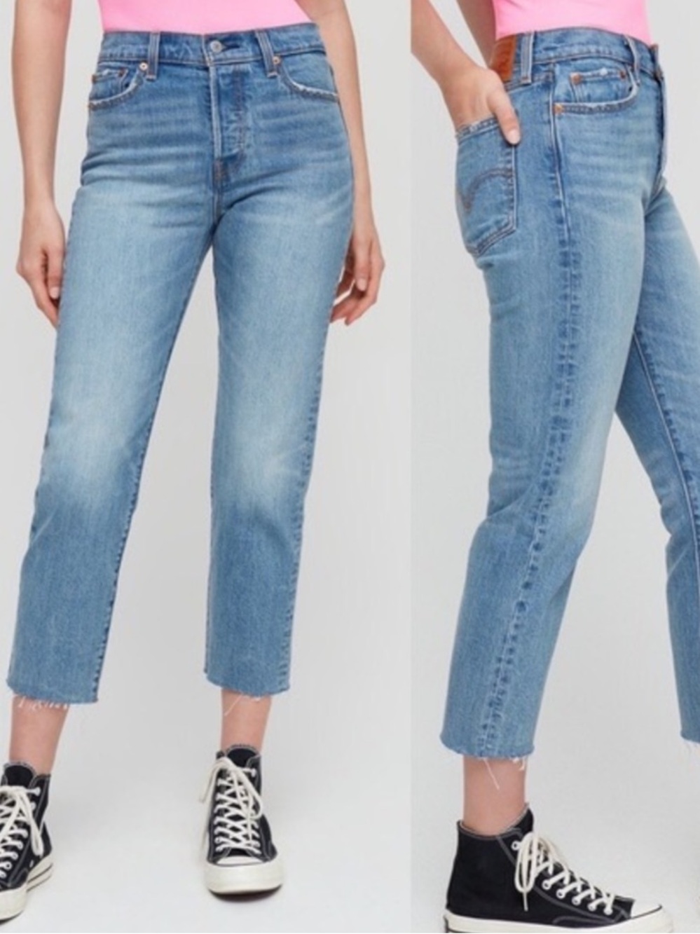 Levi's Premium Wedgie High-Rise Straight Fit Cropped Raw Hem in Light Blue Wash